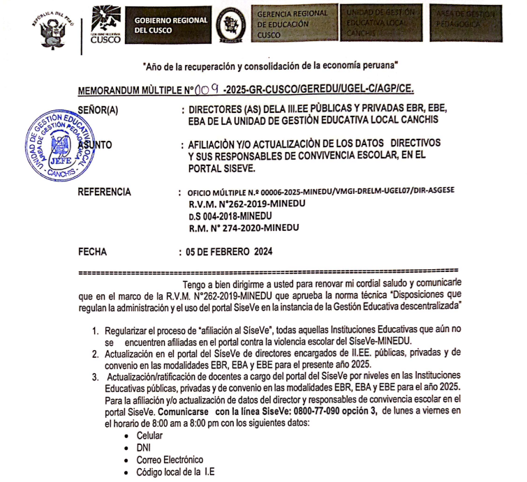 Afiliación y/o actualización de los datos directivos y sus responsables de convivencia escolar, en el portal SISEVE.